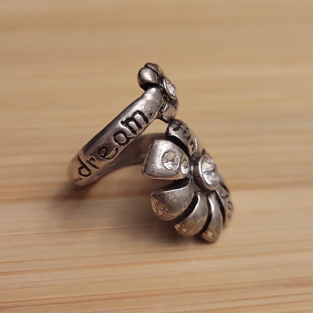 Beautiful Pewter Double Flower Rhinestone Adjustable Ring